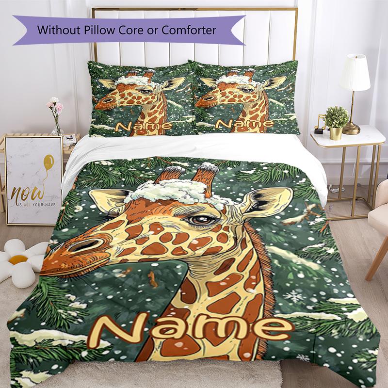 3pcs Custom Name Giraffe Bedding Set Duvet Cover Closure Includes 1 Duvet Cover & 2 Pillowcases, Soft and Comfortable for All Seasons.