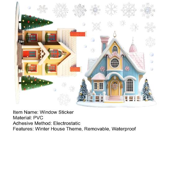 Christmas Double House Window Cling Removable Waterproof PVC Merry Christmas Winter Cabin Static Glass Sticker Holiday Party Decoration Decal