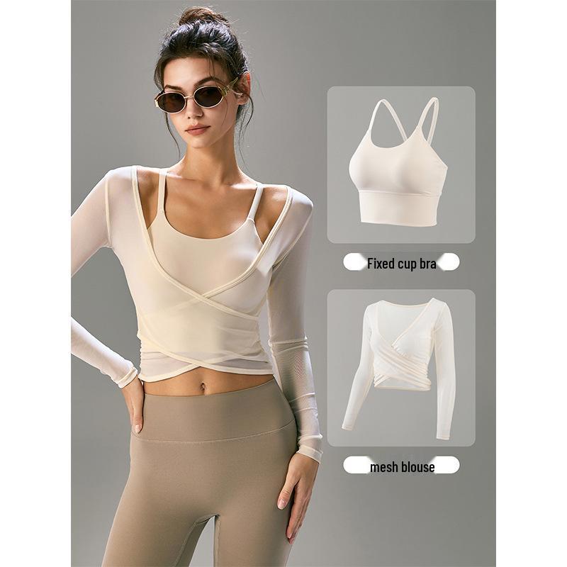Women's Professional Yoga Set: Long Sleeve, Waist-Cinching, Slimming Two-Piece for Pilates with Chest Pads.