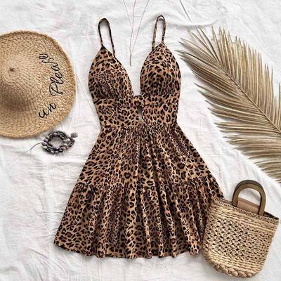 Halter Dress Summer Leopard Sexy Backless Vacation Seaside Beach Hollow Out Dresses
