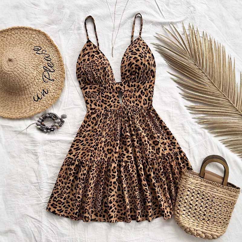 

Летнее платье-халтер Леопардовое Сексуальное С открытой спиной Для отпуска На море Пляжное Платья с вырезами S