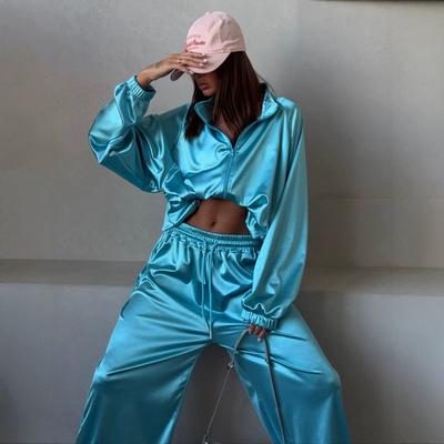 Lake Blue Satin Athletic Set for Women 2026 New Loose Oversize Short Top