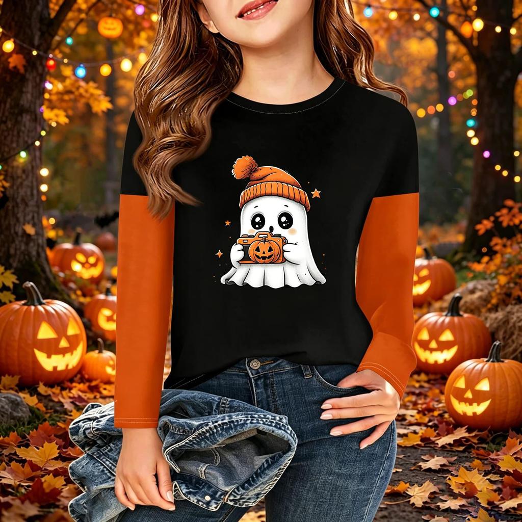 Kids Halloween Print Long Sleeve Neck T-Shirt Casual Top for Boys Girls