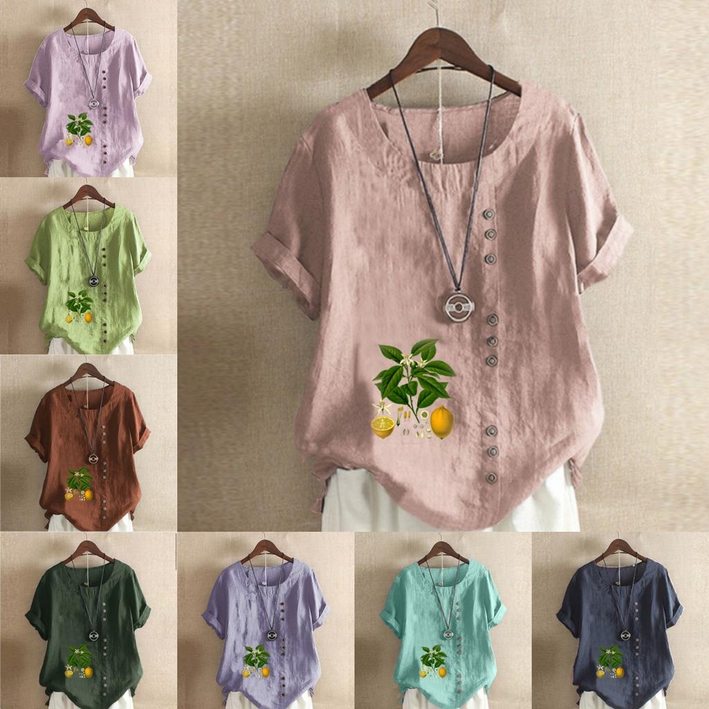 Women's Fashion Lemon Leaves Prined Round Neck Short Sleeve T-shirt Casual Cotton Linen Graphic Shirt Leisure Loose Summer Blouse Tops