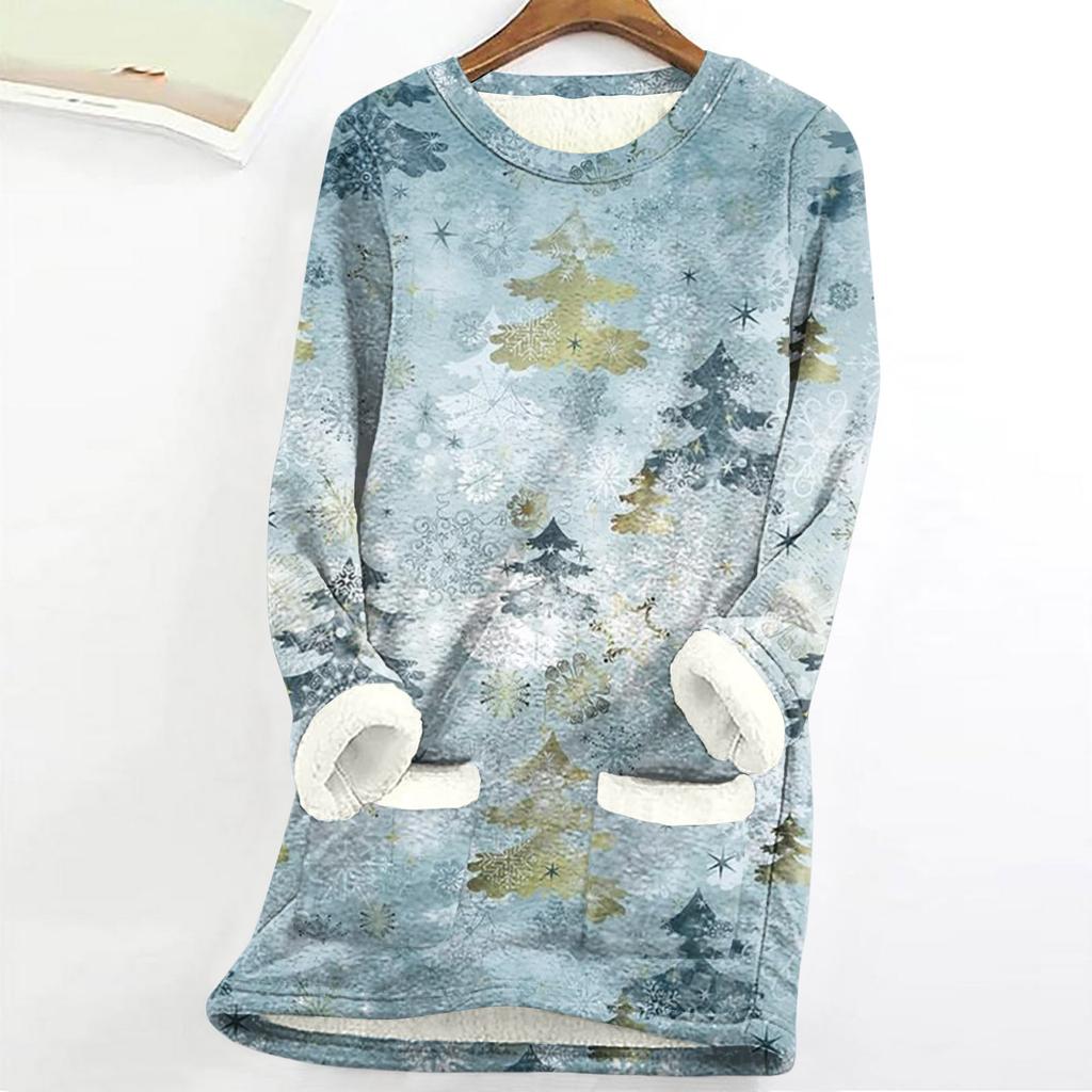 Women's Round Neck Top Printing Thickened Plush Cashmere Warm Long Top