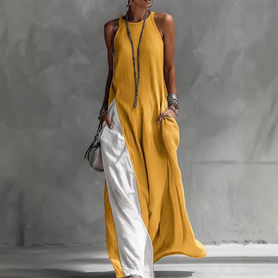 Polyester Splicing Sleeveless Loose Casual Dress With Pockets For Travel And Beach Use