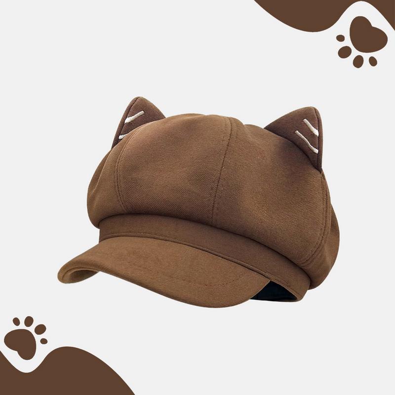 

GEMVIE Women Cute Cat Ear Beret Hat Autumn Winter Solid Color Beret Hats for Girls Octagonal Artist Painter Hat 55-58cm кавовий