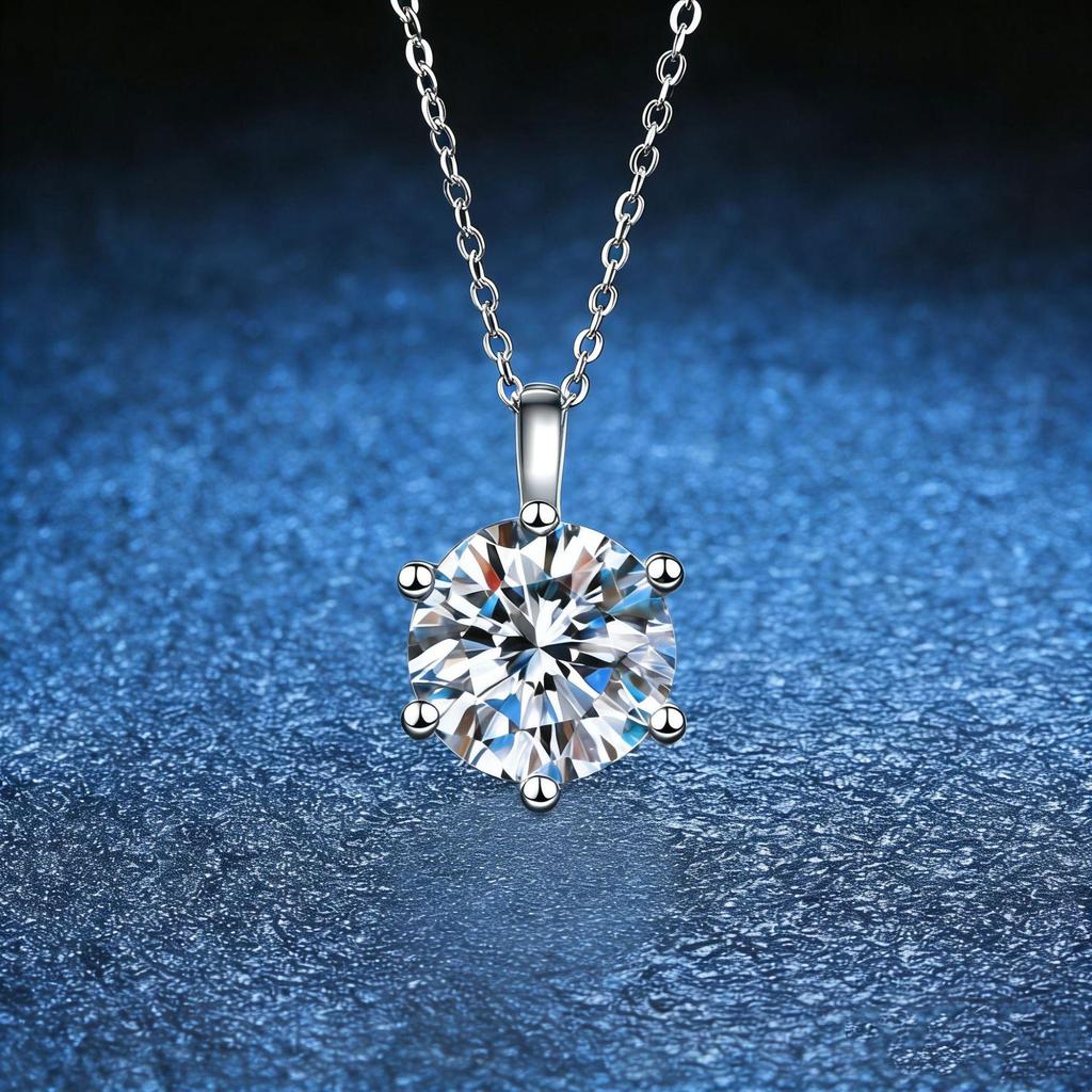 Women's 2 Carat Faux Moissanite Necklace: Six-Prong Diamond Pendant, Classic Luxury Clavicle Chain