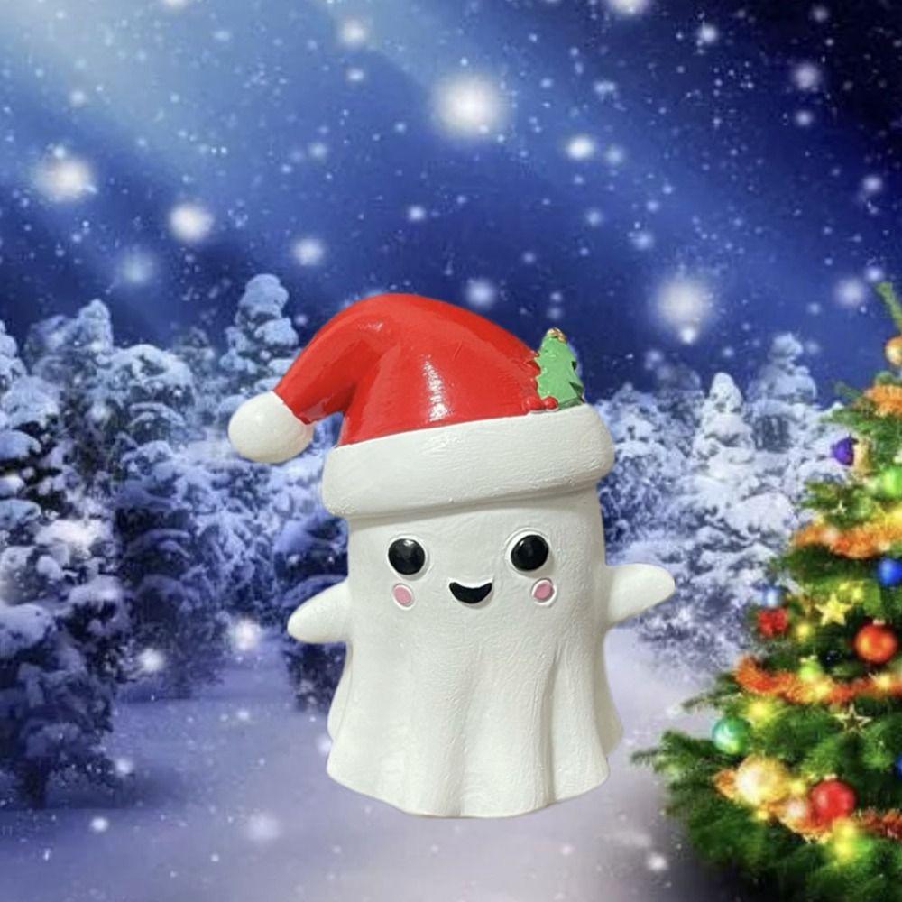 Cartoon Christmas Hat Ghost Figurine Mini Ghost Car Ornament Christmas Ghost Resin Ornament  Desk