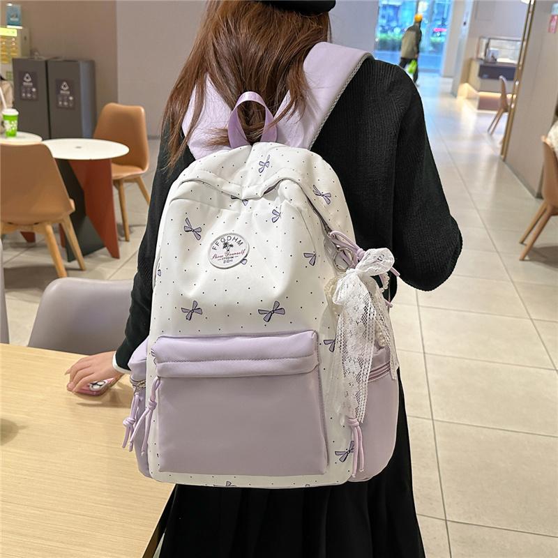 Nylon Backpack Cute Bow Print School Bag for Girls