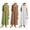 Summer Short Sleeve Cotton Dress for Women Button Down V Neck Long Dress Casual Loose Flowy A-line Beach Sundress with Pockets