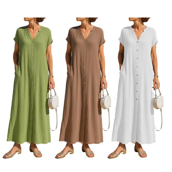 Summer Short Sleeve Cotton Dress for Women Button Down V Neck Long Dress Casual Loose Flowy A-line Beach Sundress with Pockets