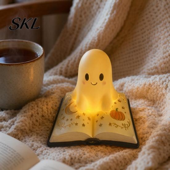 Small Cordless Light Halloween Ghost Table Lamp, Resin Spooky Night for Dreamy Bedroom Decor Bookshelf, Warm Amber Purple Glow Gothic Decorative Desk
