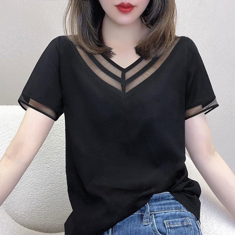 Women Summer V-Neck Short Sleeve Mesh Patchwork T-shirt Female Casual Black Tops