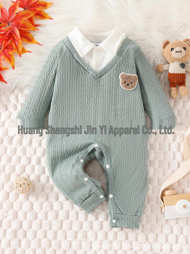 Adorable Baby Boys' V-Neck Bear Onesie - Korean Style Cable Knit for Autumn/Winter