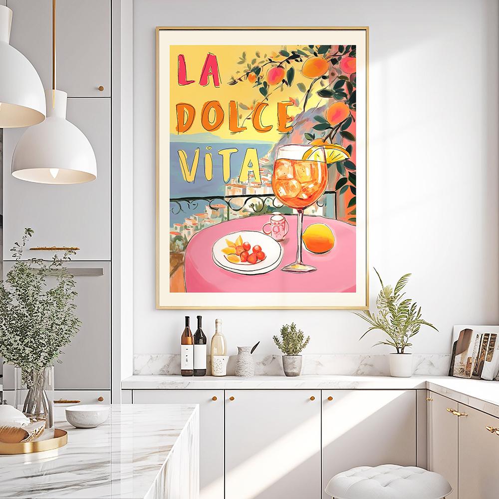 La Dolce Vita Poster And Print Retro Spritz Cocktail Canvas Painting Positano Italy Amalfi Coast Travel Wall Art Bedroom Decor