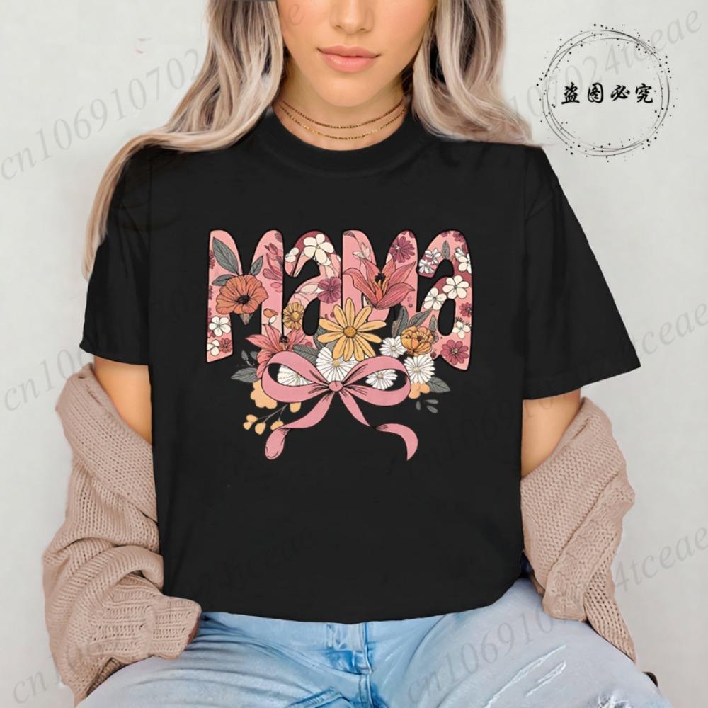 Floral Coquette T-Shirt,Pink Bow Tee Floral Mama T-Shirt for Women Vintage Retro Mama Shirt Wildflowers Mama Women's Clothing