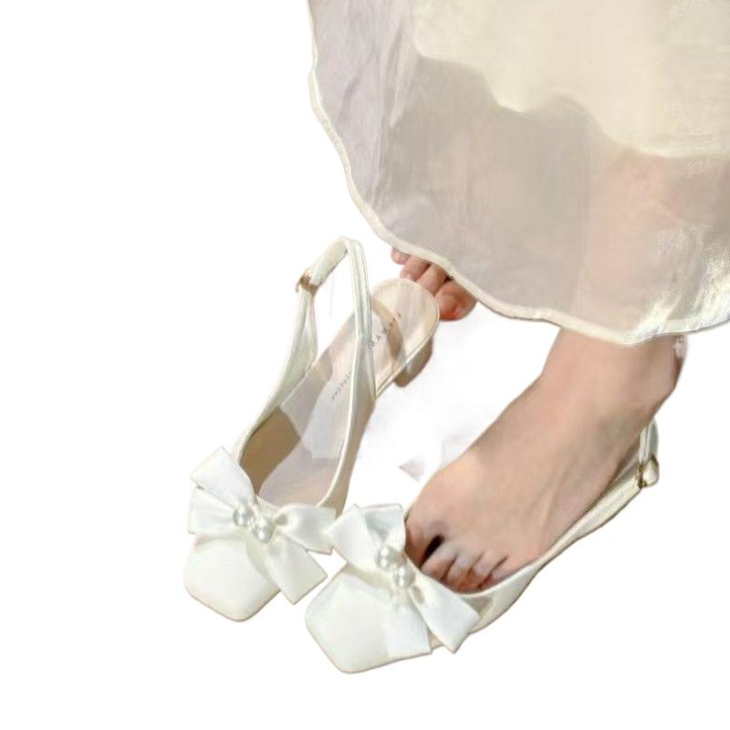 Fashion Summer New Pearl Knot High Heel Sandals French Style Square Head Elegant Buckle Women Shoes Rubber Bottom Polyurethane Material