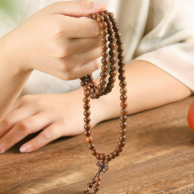 Handmade 108-Bead Golden Silk Sandalwood Bracelet, 6/8/10mm, Retro New Chinese Ethnic Unisex Jewelry, Travel Souvenir