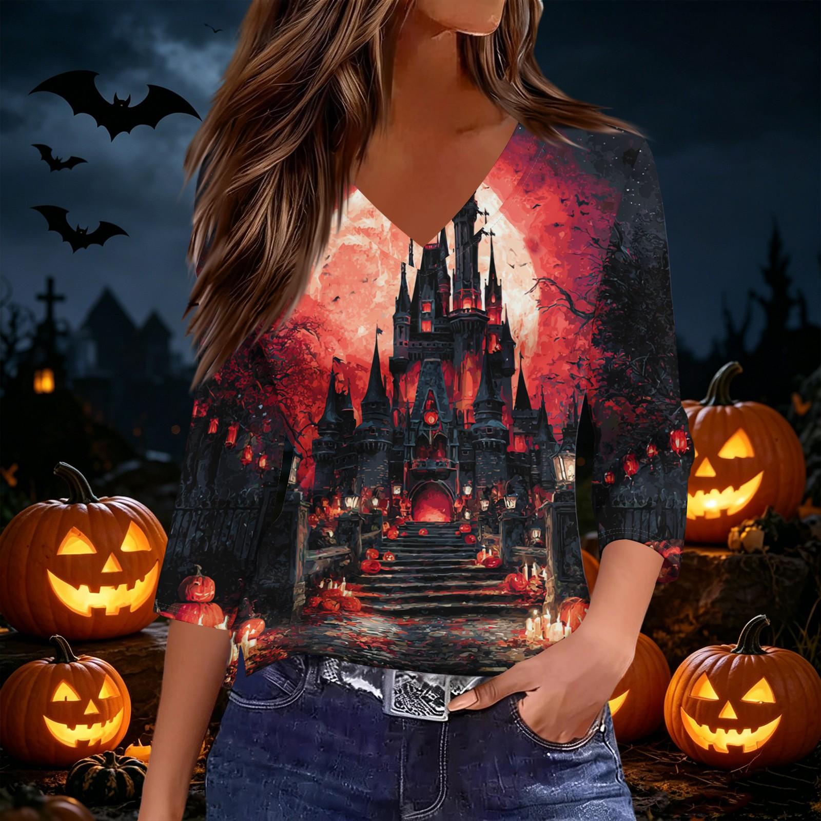 Women s Casual Halloween Printed V Neck Top with Three Quarter Sleeves Relaxed Fit Comfortable Fabric Design S чёрный