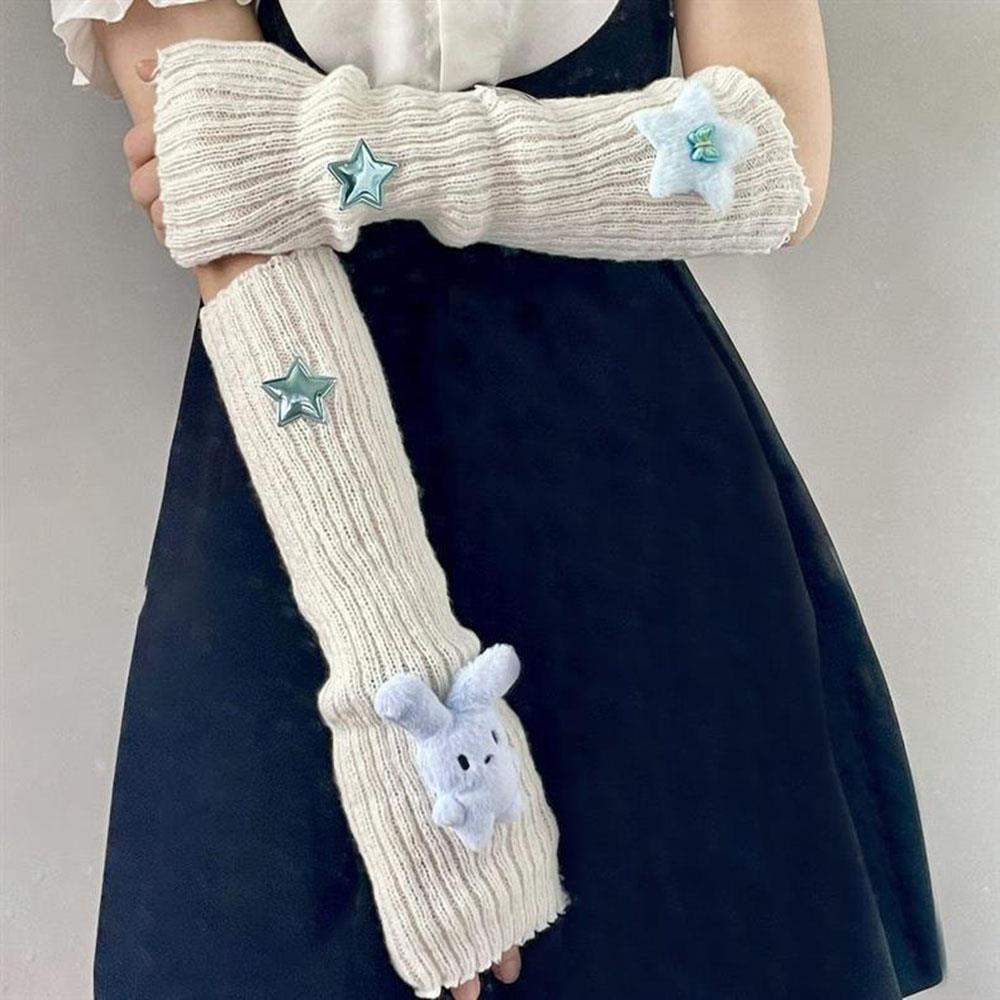 Women's Knitted Y2K Gloves Star Rabbit Arm Warmers Winter Long Sleeve Cover Wrist Mittens Cold Weather Fashion