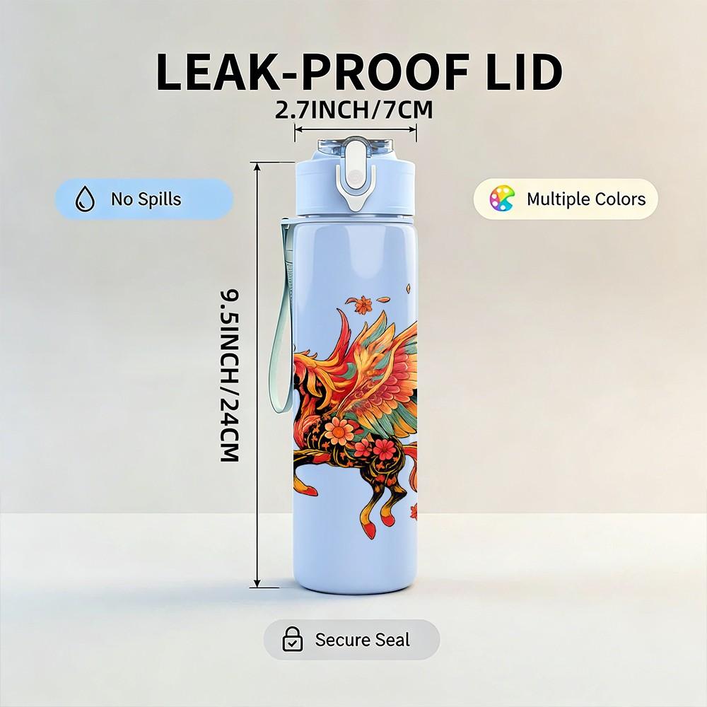 1PC Colorful Phoenix Bird Print 750ml Color Plastic Sports Water Bottle Leakproof Flip Straw Lid Suitable for Sports Office Home Use