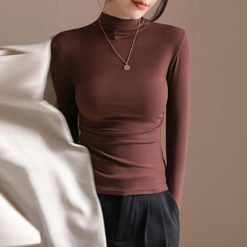 Half Turtleneck T-shirt for Women In Autumn Winter Pleated Slim Fit Velvet Bottoming Shirt Threaded Brushed Top