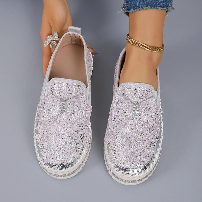 Large size muffin platform single shoes women's new flat bottom round head bow sequins one pedal lazy shoes