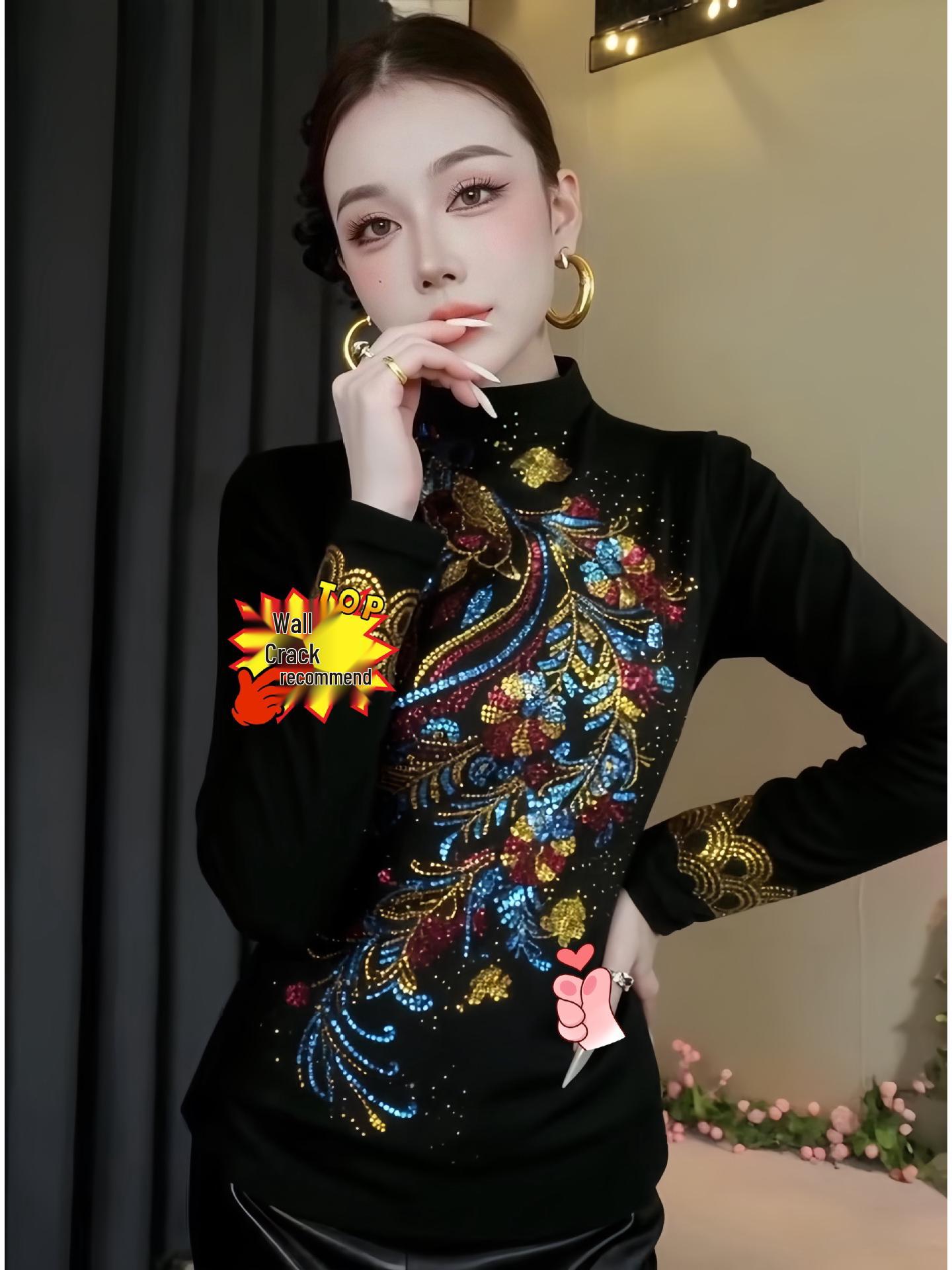 

De Rong Women s Rhinestone Long-Sleeve T-Shirt - Autumn/Winter, Base Layer, Half-High Collar, Elegant and Stylish XL