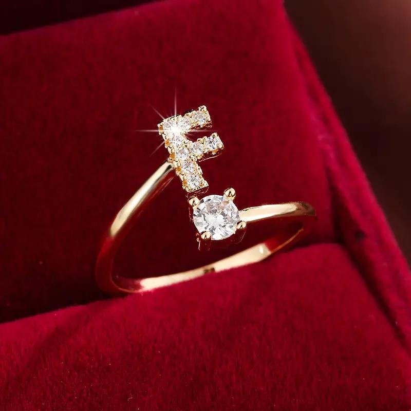 26 English Letter Micro-set Zircon Fashion Women's Ring, Copper-plated 14K Open Plain Ring