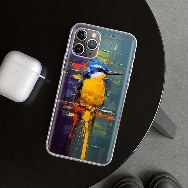 Animal Oil Painting Bird Phone Case Cover for iPhone 11 12 13 Mini 14 15 Plus 16 Pro Max 17 Air 7 8 + SE Art Customized Fundas 1