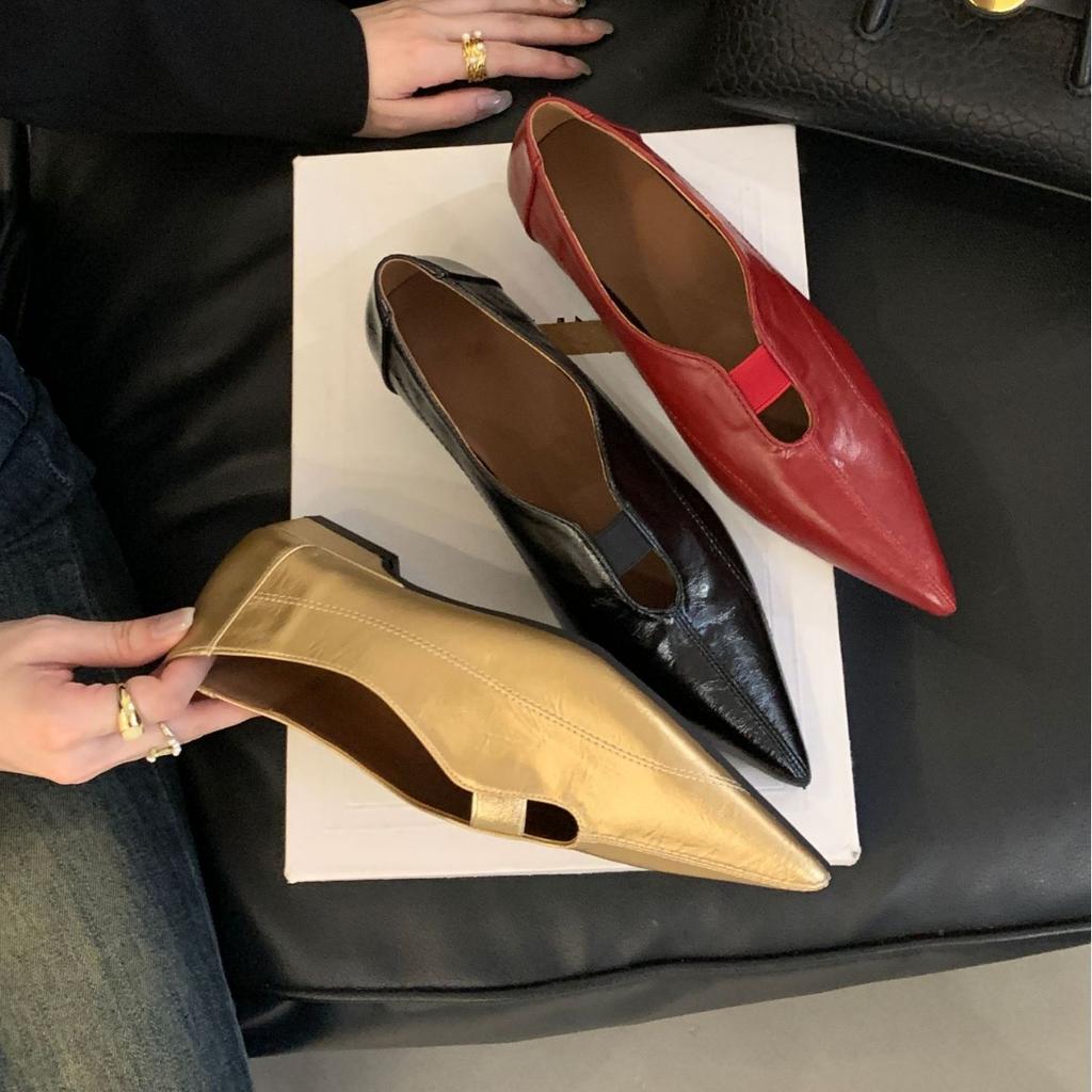 2025 Summer New Pointed Soft Sole One Word with Shallow Mouth Thick Low Heel Versatile Women's Flat Shoes