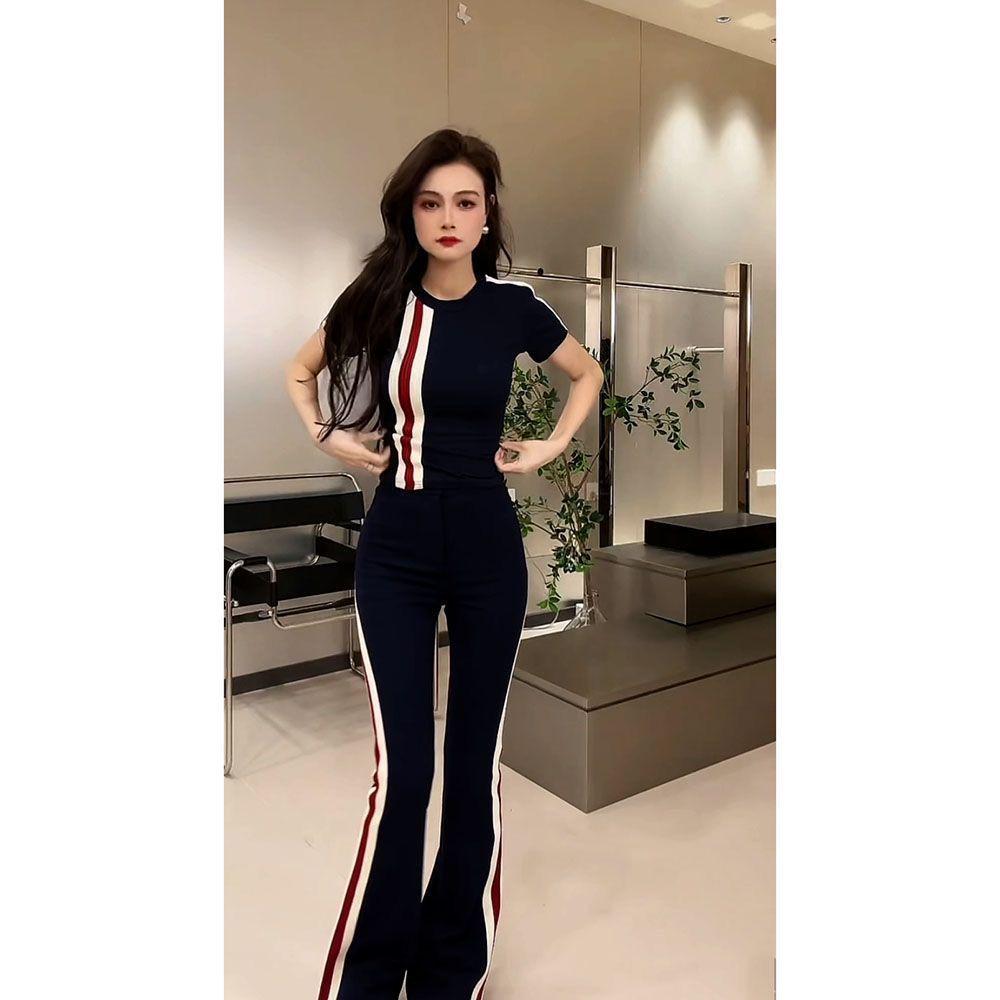 

2026 Summer Women s Dark Blue Striped Two-Piece Set: Short Sleeve Top & High-Waisted Straight-Leg Pants M [Recommended 91-105 jin]
