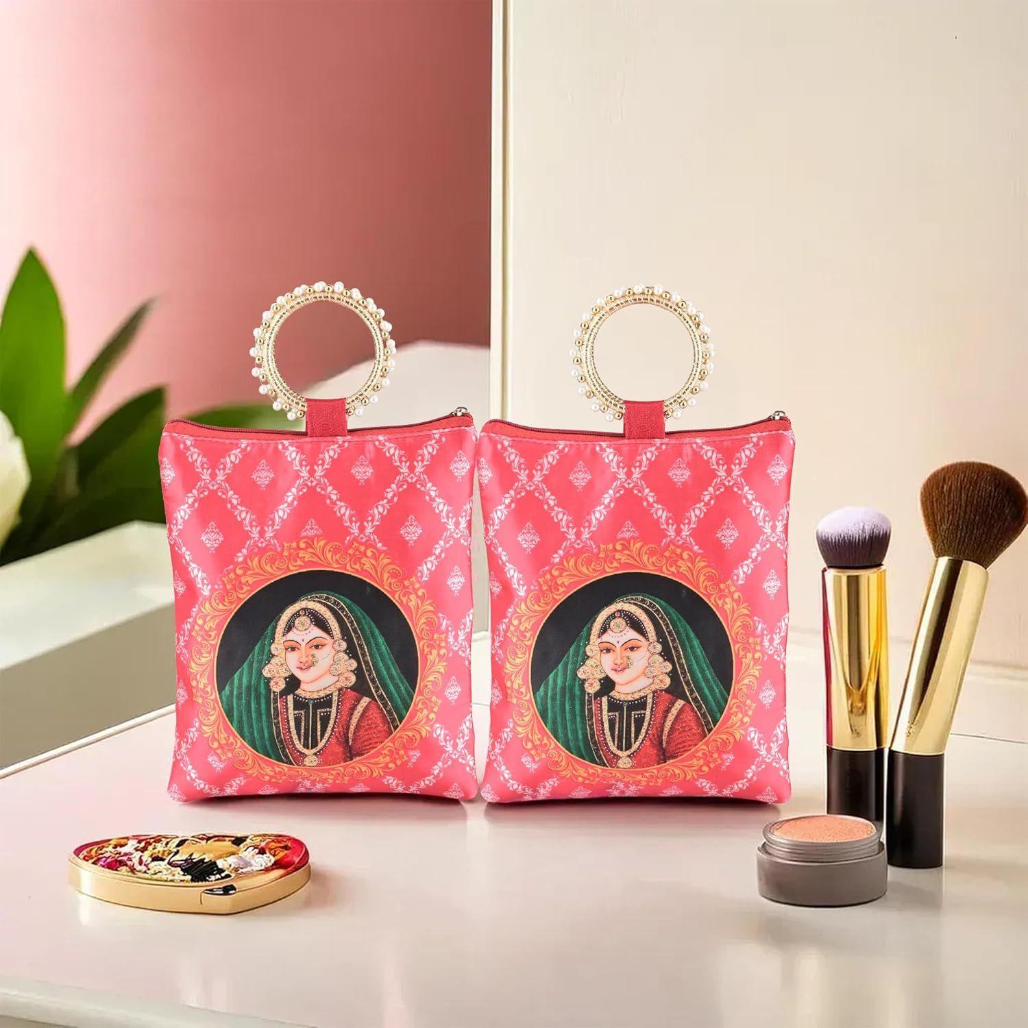 

2 Pcs Silk Small Hand Bags for Women Stylish with Zip & Handle | Traditional Handheld Bags for Women | Ethnic Ladies Purse Handbag for Return Gifts