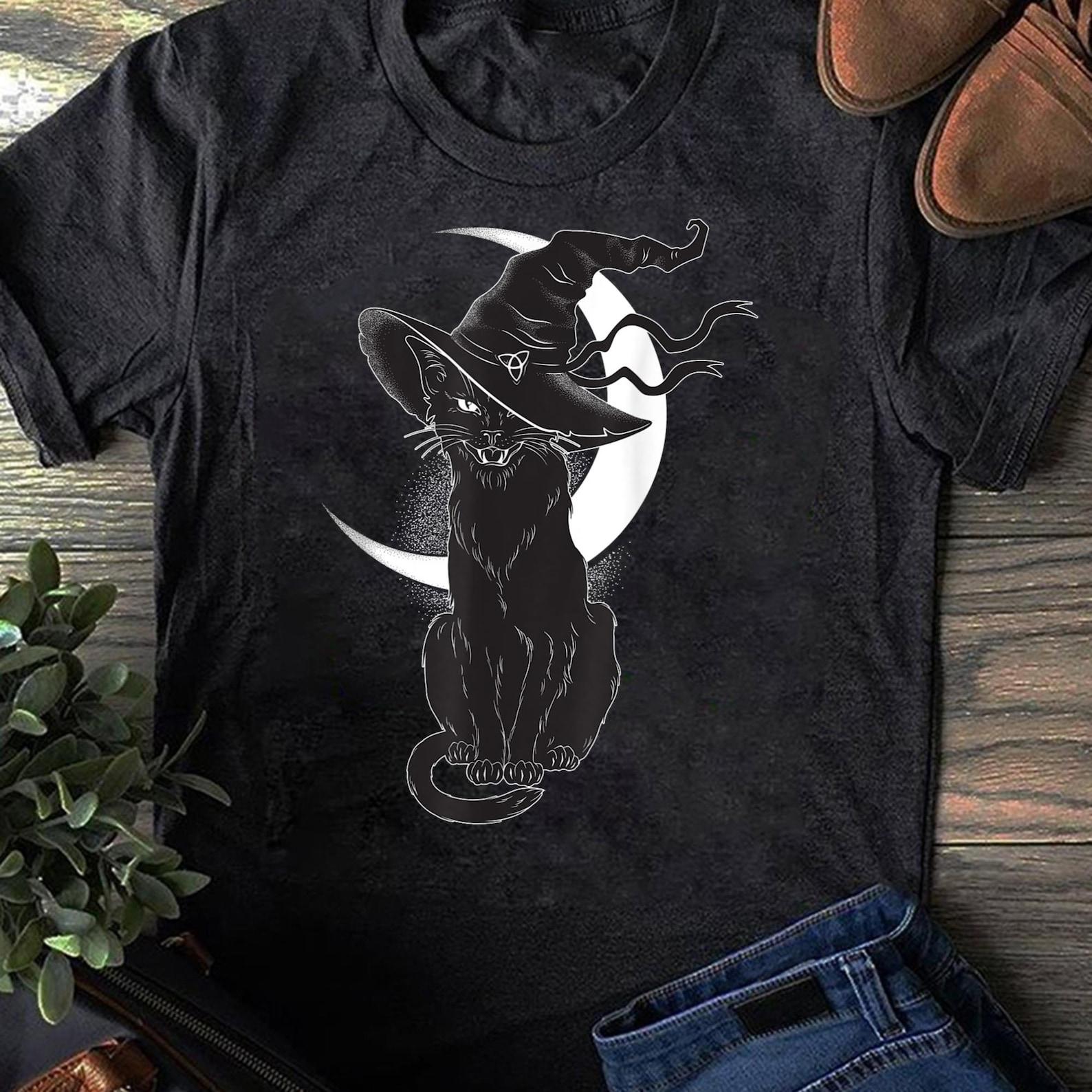 Halloween Black Cat Witch T-Shirt: Funny Cat Lover Gift L