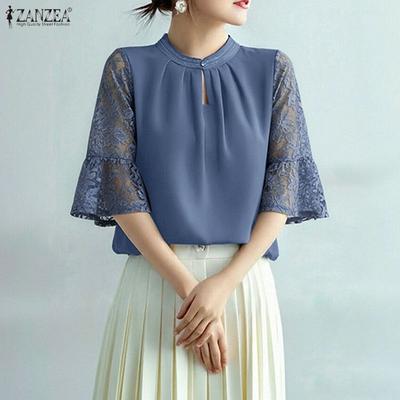 Blusa Casual Feminina de Manga Curta com Renda e Decote Redondo
