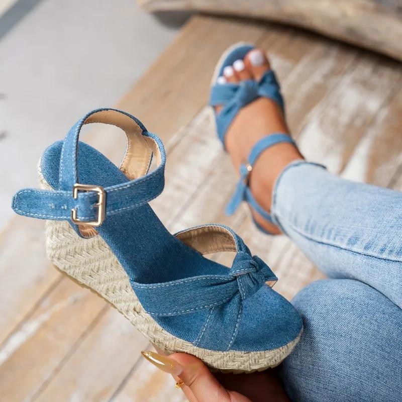Womens Sandals Fashion Platform Sandals Summer Denim Canvas Casual Sandal Thick Soled Wedge Sandals for Women Sandalias De Mujer