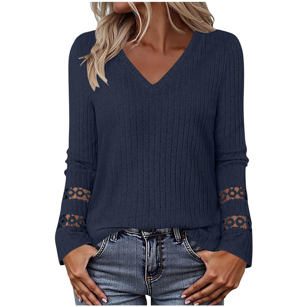 Women's Crochet Hollow Long Sleeve Ribbed T-Shirts Dressy V Neck Loose Tunic Tops Fall  Going Out Casual