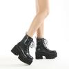 Fashion 2025 Mid Calf Boots Platform Goth Shoes Chunk Heels Black Leather Plus Size Side Zipper Rave Combat Boots for Women Lace Up