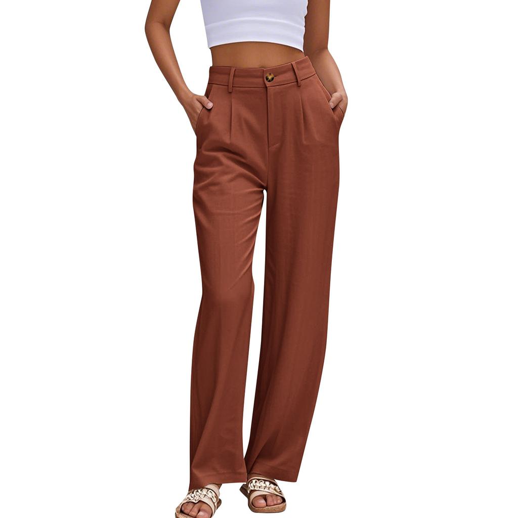 Women's Linen Casual High Waist Wide Leg Straight Dress Cotton Linen Pants Button Trousers