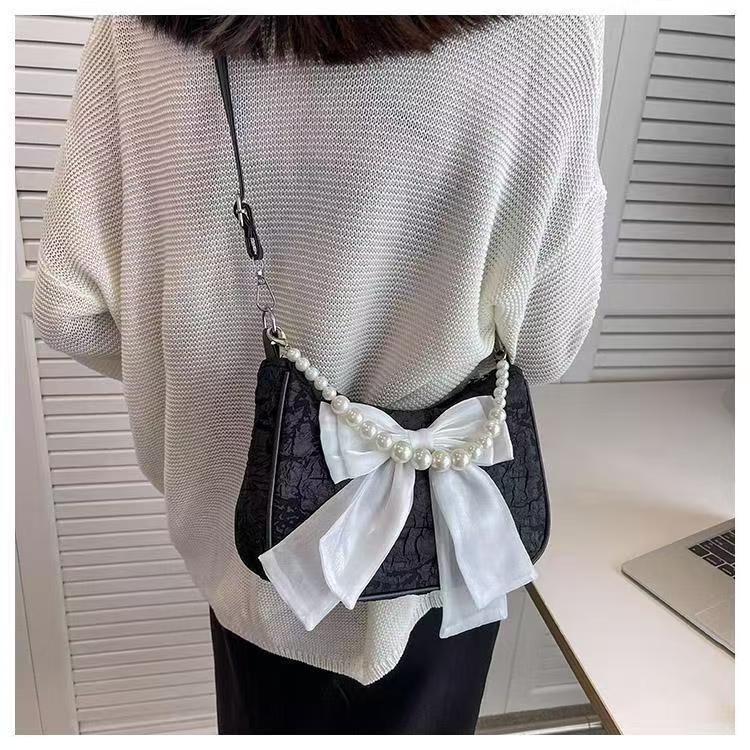 White Folds Pearl Female Bag Retro Luxury Designer Handbag Bow Crossbody Bags Fashi Y2K Vintage Women's Shoulder Bag Purses