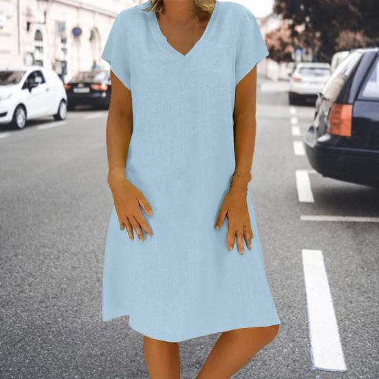 Rochie cu mânecă scurtă cu decolteu în V, cu mânecă scurtă pentru femei, cu potrivire largi, subțire, lungime până la genunchi, lavabilă, culoare solidă, rochie casual, îmbrăcăminte de stradă