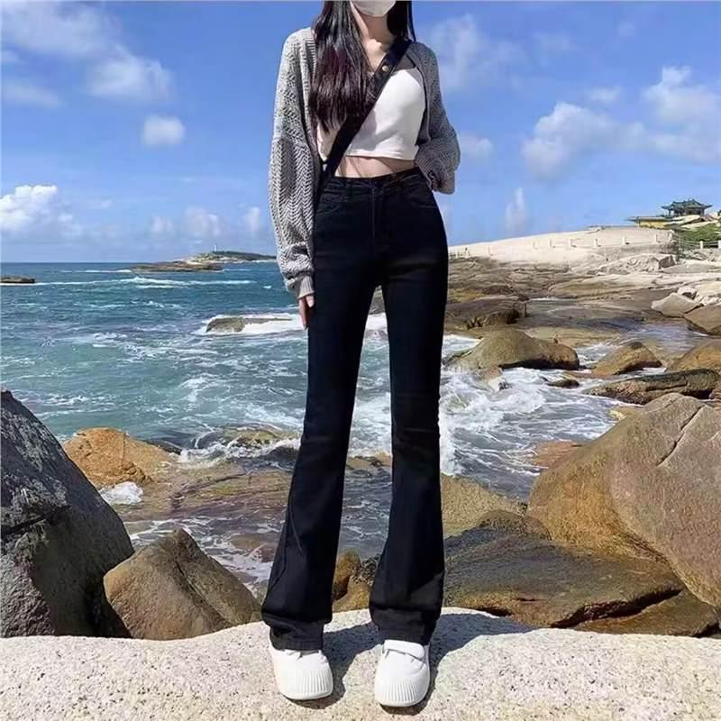 Women s High-Waisted Brown Micro-Flare Jeans: Autumn Slimming Petite Bell-Bottoms S