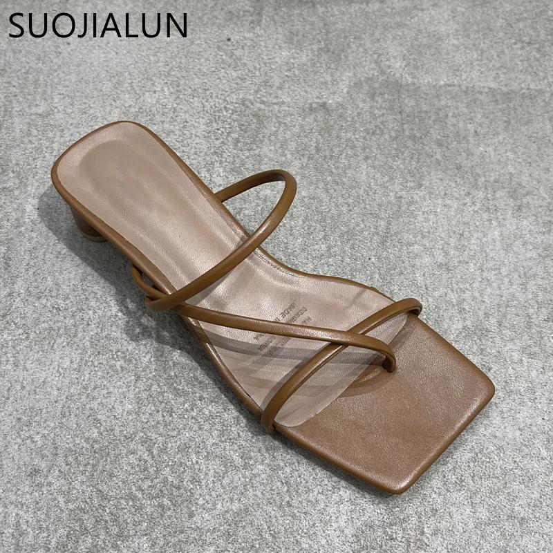 Fashion SUOJIALUN Summer Square Low Heel Women Slipper Fashion Narrow Band Ladies Sandal Outdoor Beach Casual Slides Shoes Big Size 40