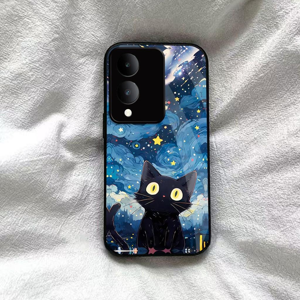 Case for Vivo Y17s Anime Black Cat Starry Cloud Print Phone Cover Acrylic Hard Back Shell With Flexible TPU Edge