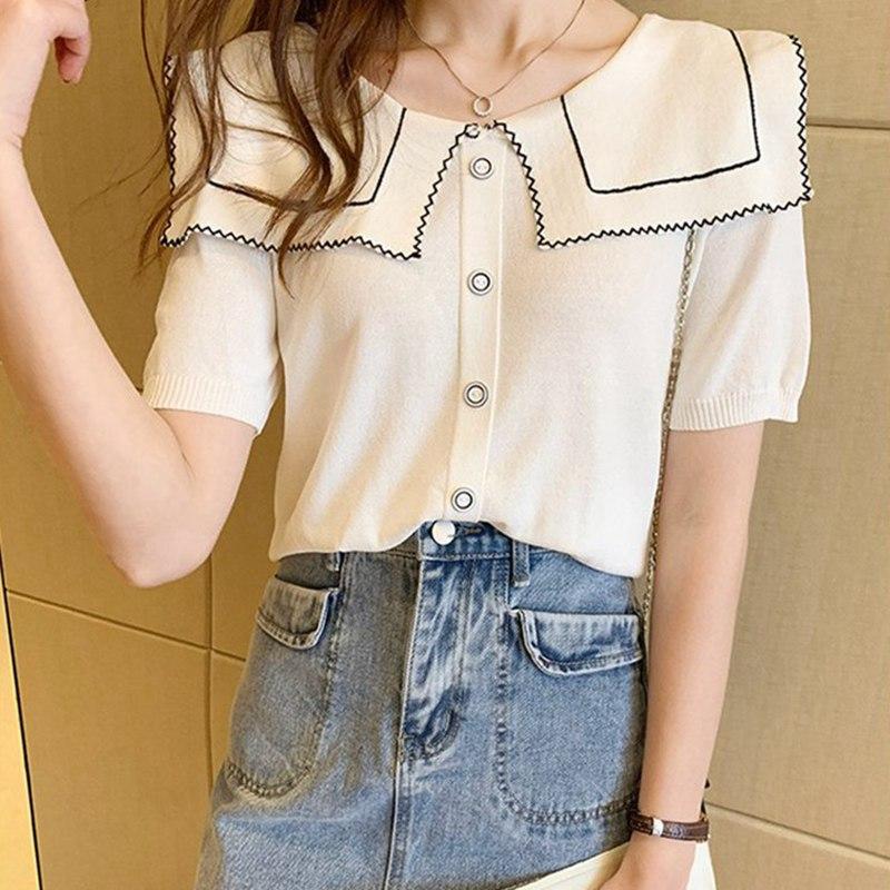 Pulover tricotat cu guler bleumarin de vară pentru femei Tricou Topuri cu mânecă scurtă cu nasturi Culoare uni cu dungi Alb liber