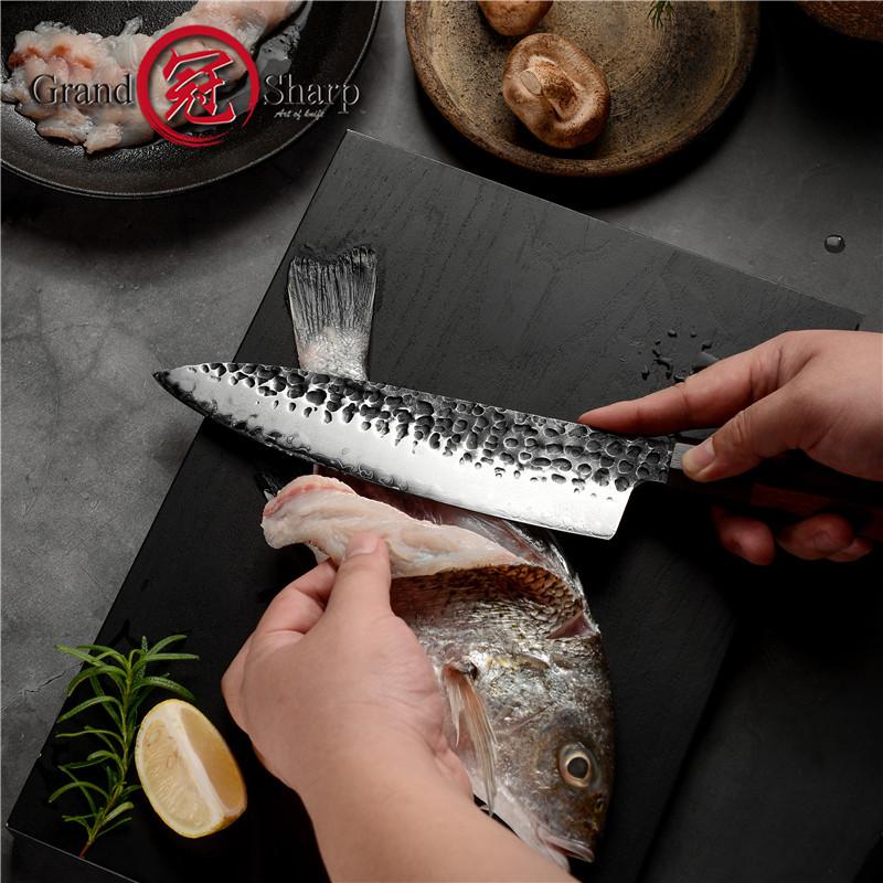 8 tommers Hamdmade kokkekniv 3 lag japansk AUS10 stål Gyuto kniv Høykarbon kjøkkenkniver Matlagingsverktøy med knivbeskytter GRANDSHARP