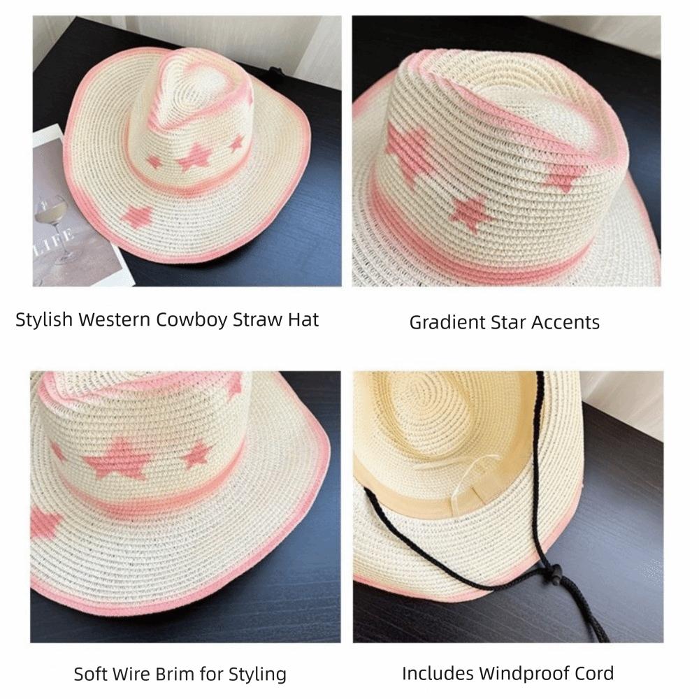 Star Sunscreen Straw Hat Ethnic Style Sun Hat Vintage Western Cowboy Hat  Women Men