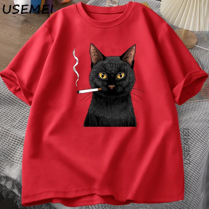 Smoking Cat Tshirt Funny Y2k Vintage Trendy Streetwear Graphic T Shirt Edgy Cat Lover Tshirt Round Neck Short Sleeved Tee Tops