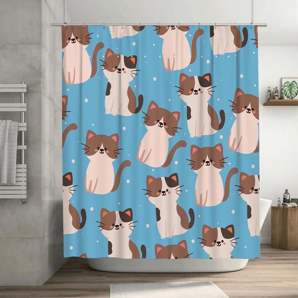 Cute Cartoon Cats Shower Curtain Waterproof Fabric Bathtub Decoration Wall Hanging for Bathroom Accessories Home Decor Light Blu